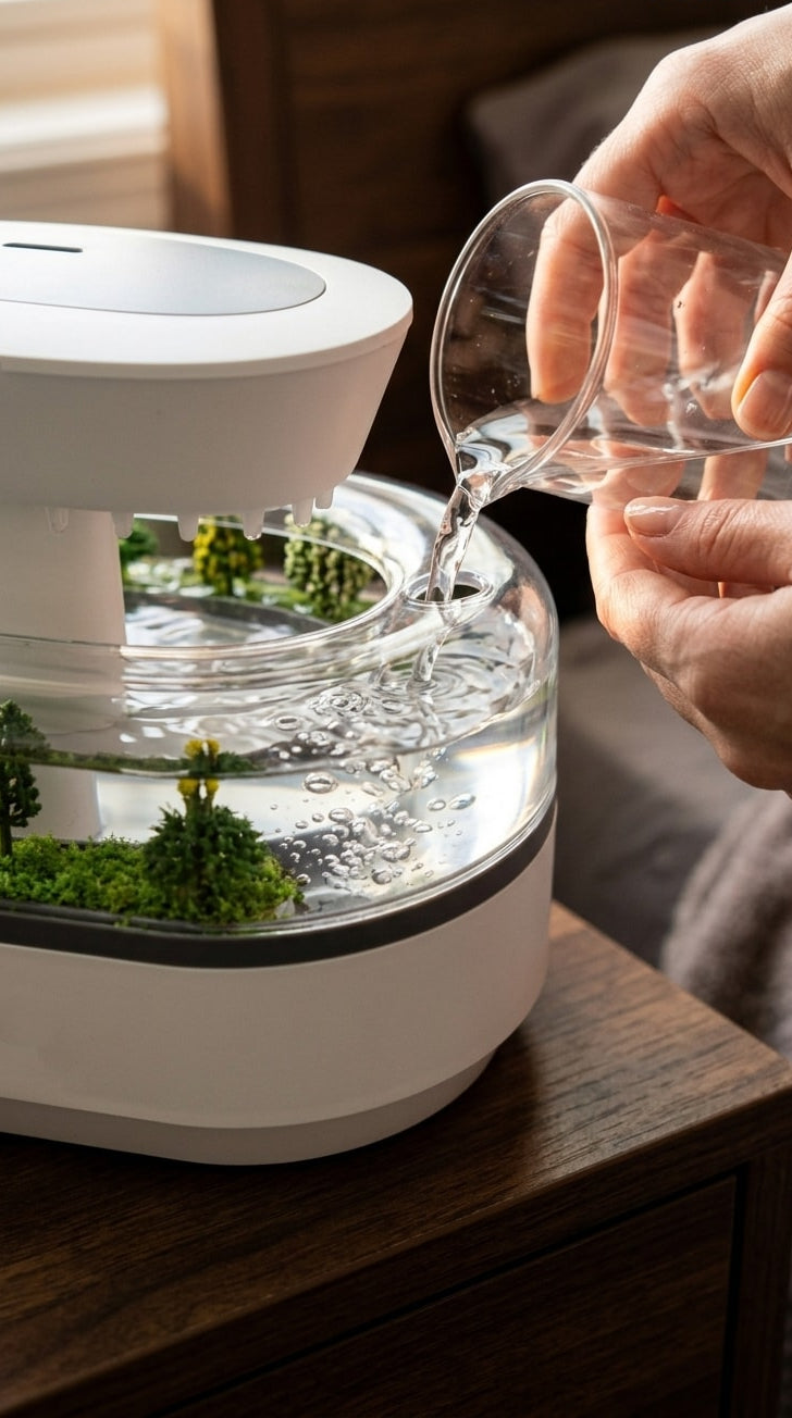 Humidificador SomniaDrop con aromaterapia en funcionamiento — vapor ultrasónico