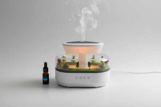 Humidificador efecto lluvia SomniaDrop con luz LED ambiental — dormitorio